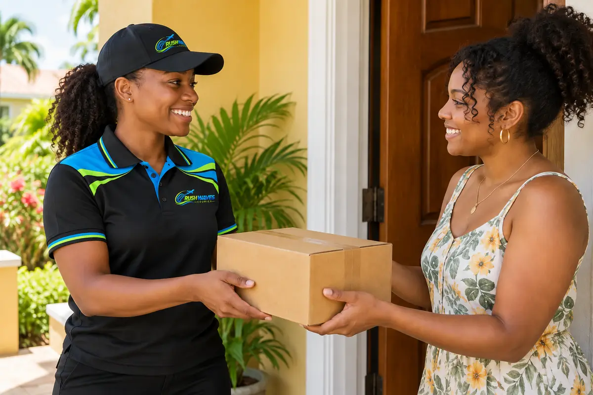 A Rushwaves Courier worker delivering a package to a customer