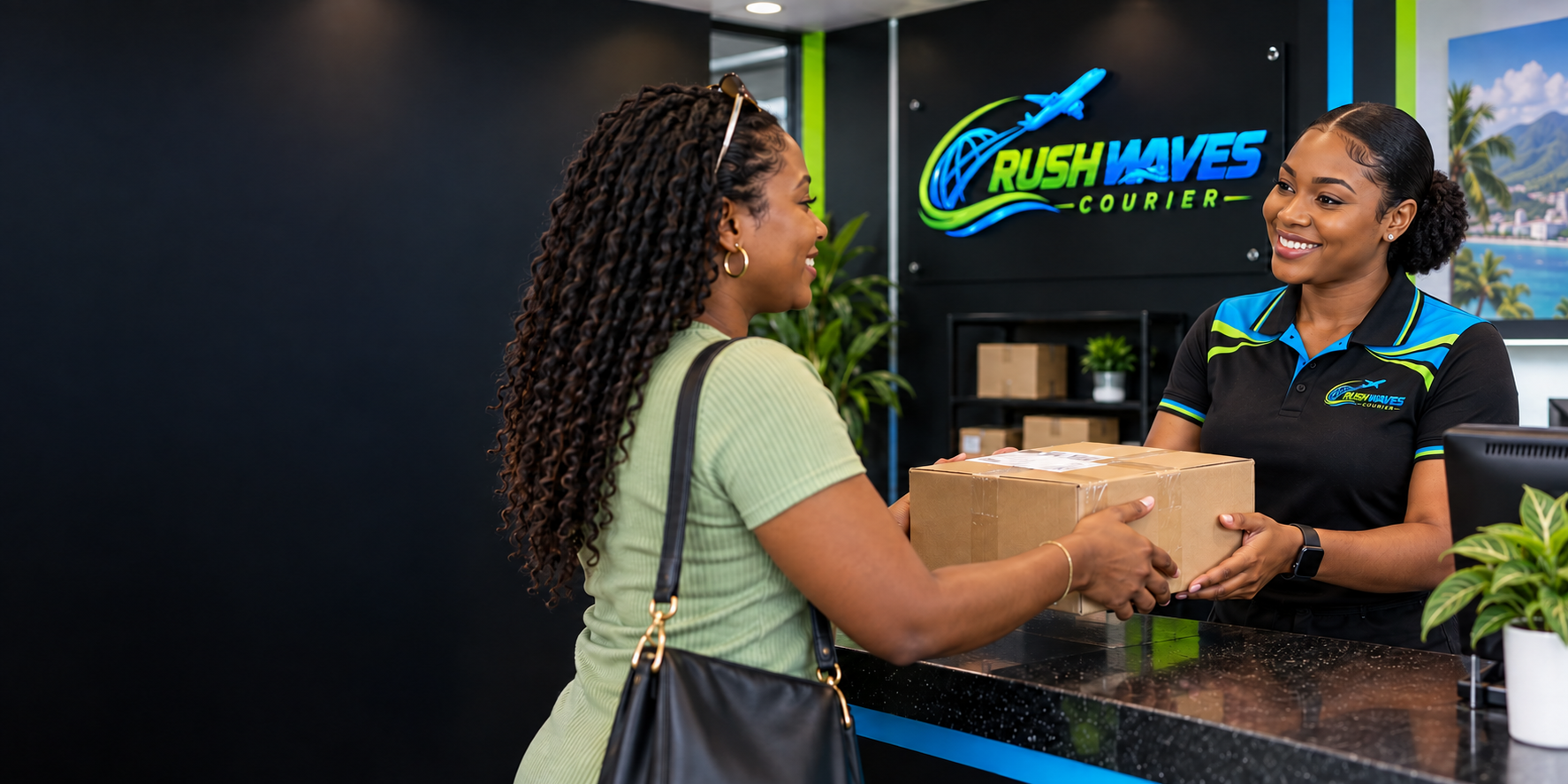 A smiling Rushwaves worker handing a package to a customer