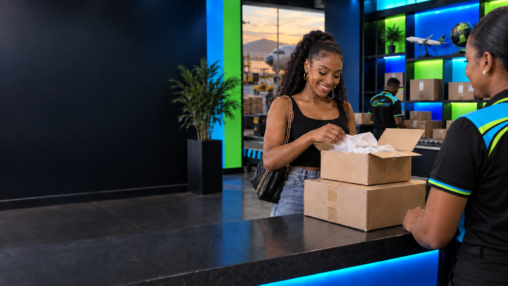 A customer collecting and opening packages at a Rushwaves branch